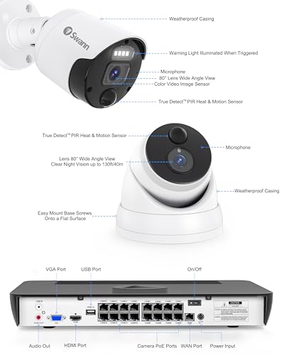 Swann 4K Master Security Camera System, 8 Bullet 8 Dome IP Cameras, 16-Ch NVR with 2TB HDD, Indoor/Outdoor PoE Wired, 24/7 Home Surveillance, Color Night Vision, True Detect, Spotlights, 1676808B8D