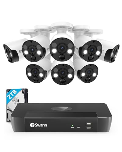 Swann Home Security Camera System with 2TB HDD, 16 Channel 16 Cam, POE Cat5e NVR 4K HD Video, Indoor/Outdoor Wired Surveillance CCTV, Color Night Vision, Heat Motion Detection, LED Lights, 1686816FB