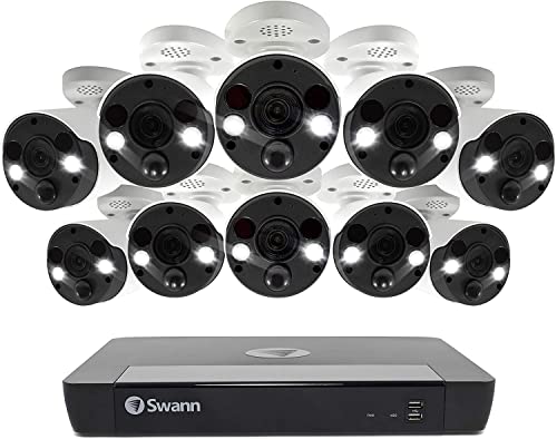 Swann Home Security Camera System with 2TB HDD, 16 Channel 16 Cam, POE Cat5e NVR 4K HD Video, Indoor/Outdoor Wired Surveillance CCTV, Color Night Vision, Heat Motion Detection, LED Lights, 1686816FB