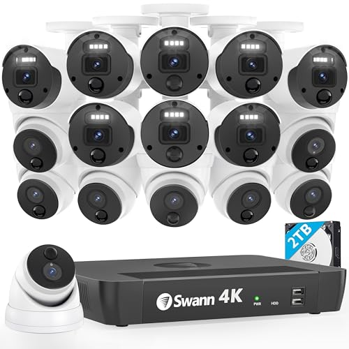 Swann 4K Master Security Camera System, 8 Bullet 8 Dome IP Cameras, 16-Ch NVR with 2TB HDD, Indoor/Outdoor PoE Wired, 24/7 Home Surveillance, Color Night Vision, True Detect, Spotlights, 1676808B8D