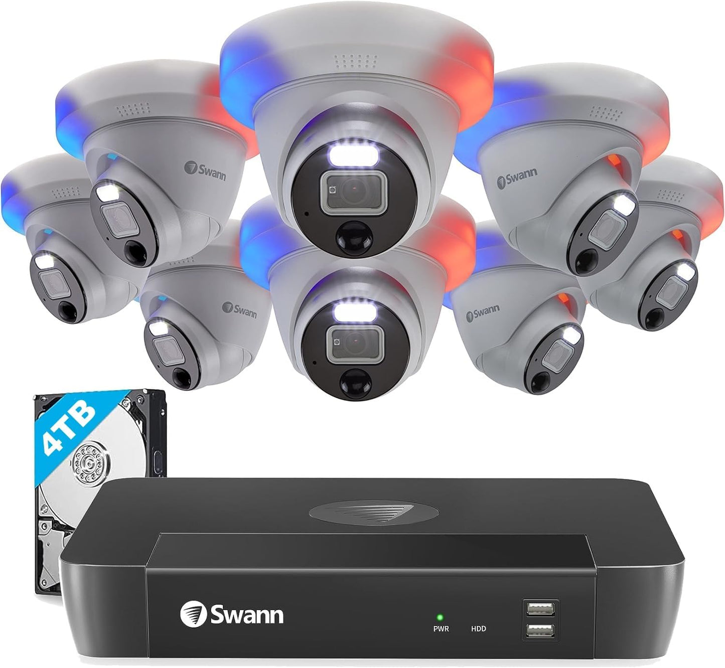 Swann Home Security Cam System with 4TB HDD, 16 Channel 8 Cam, POE Cat5e NVR 12MP HD Video, Indoor Outdoor Wired Surveillance CCTV, Color Night Vision, Heat Motion Detection, Flashing LEDs,1690008DE