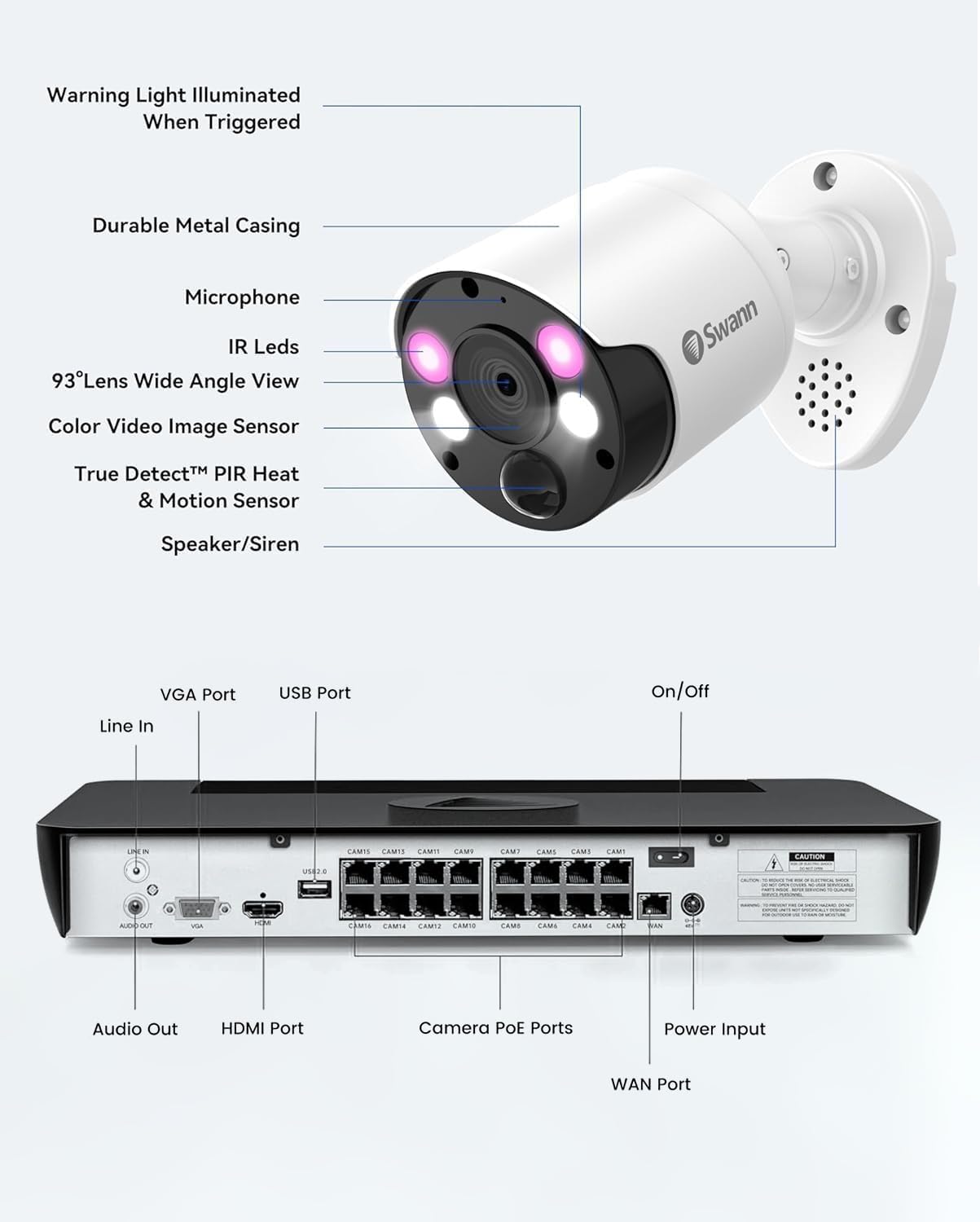 Swann Home Security Camera System with 2TB HDD, 16 Channel 16 Cam, POE Cat5e NVR 4K HD Video, Indoor/Outdoor Wired Surveillance CCTV, Color Night Vision, Heat Motion Detection, LED Lights, 1686816FB