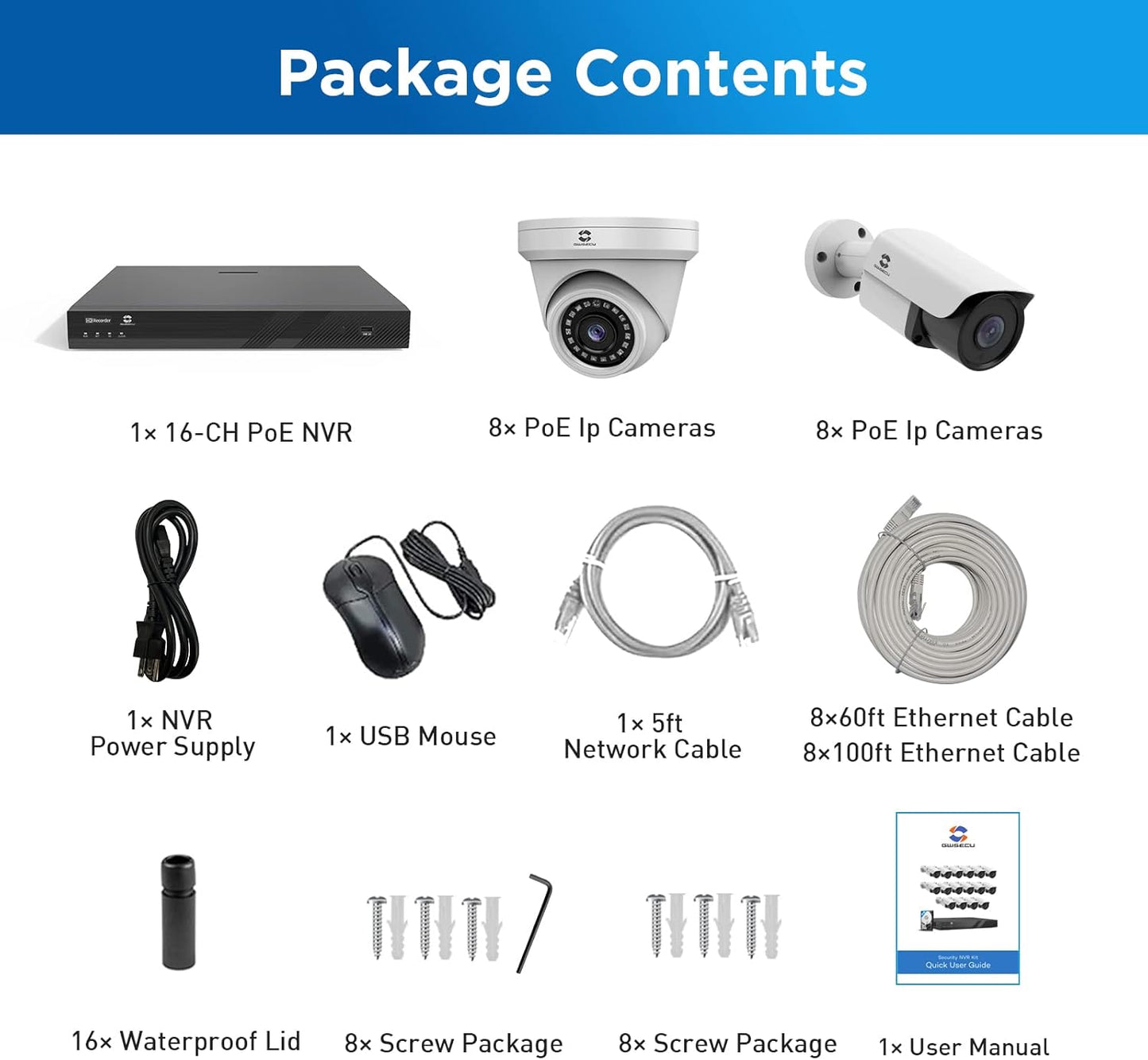 GWSECU 16 Camera Security System Commercial, (16) 5MP Wired PoE Cameras Outdoor/Indoor Built-in Mic, 2.8mm Lens, AI Human Detection,100ft IR Night Vision, 4K 16 Channel NVR with 4TB HDD, G51616P4M01