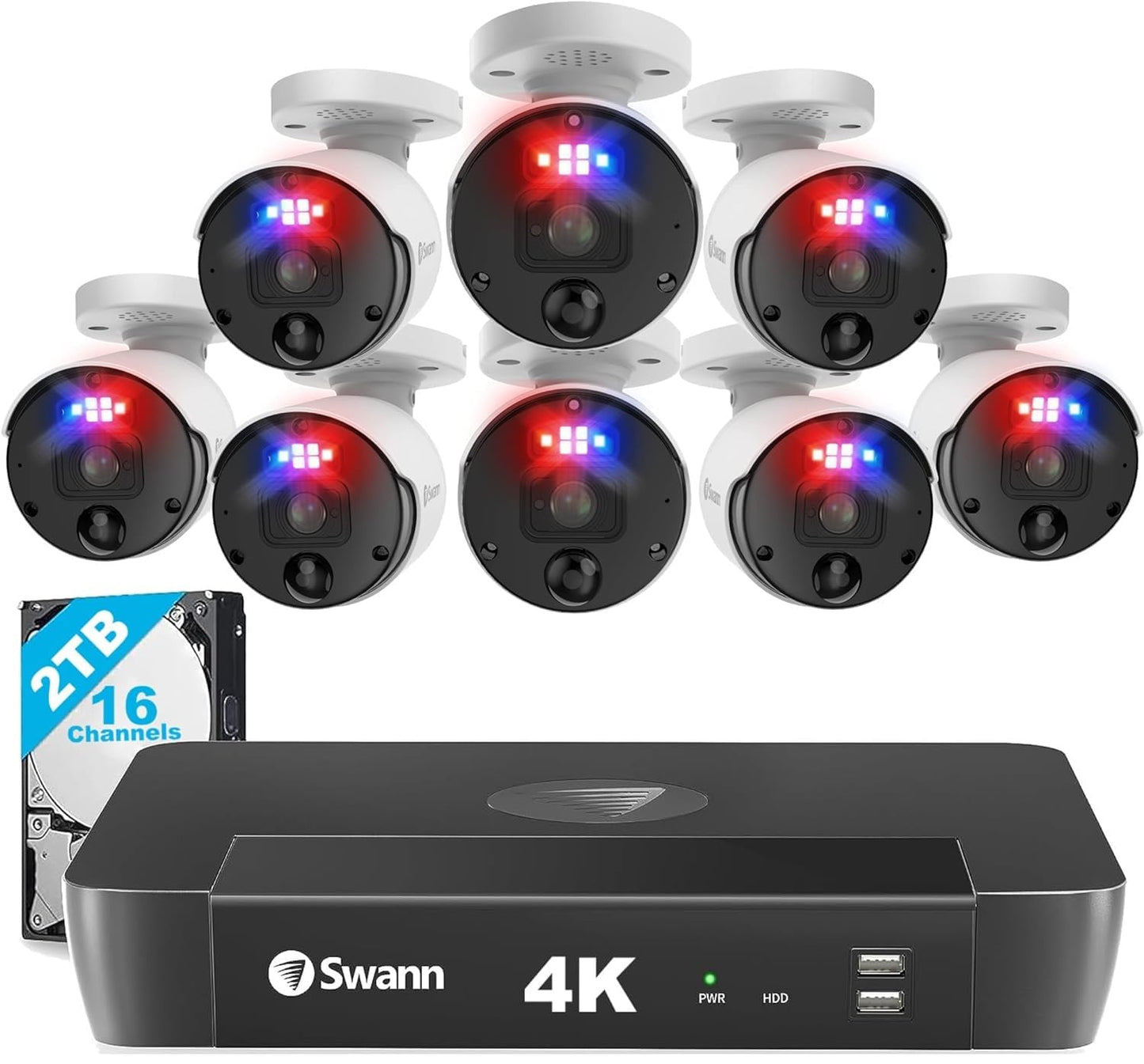 Swann 12MP Security Camera System, 16 Channel NVR with 4TB, 16 IP Cameras Indoor Outdoor Home, 6k Mega HD PoE Wired,Video Analytics, 2-Way Audio, Sirens, Color Night Vision, True Detect, 1690008B8DE