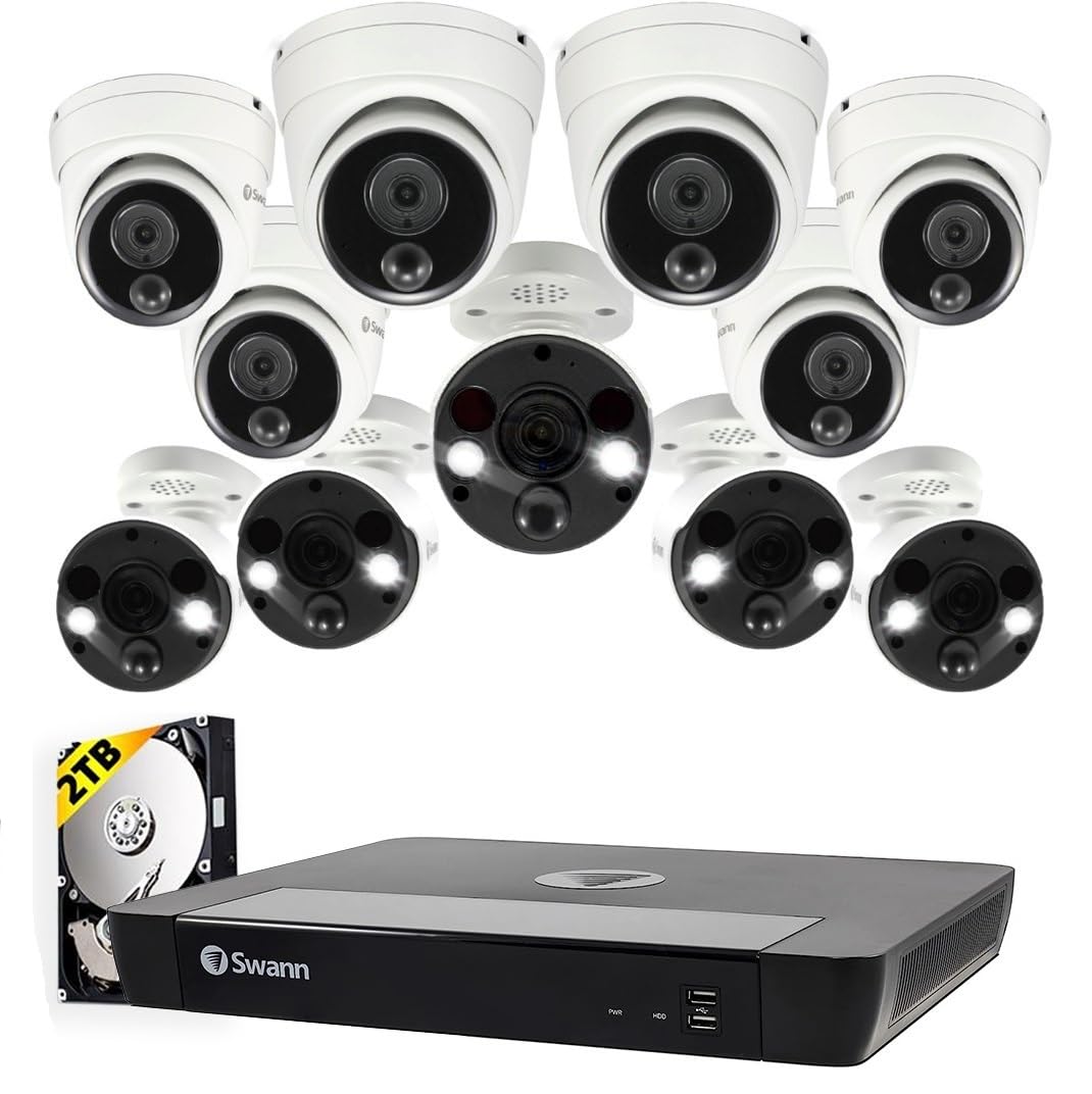 Swann Home Security Camera System with 2TB HDD, 16 Channel 16 Cam, POE Cat5e NVR 4K HD Video, Indoor/Outdoor Wired Surveillance CCTV, Color Night Vision, Heat Motion Detection, LED Lights, 1686816FB