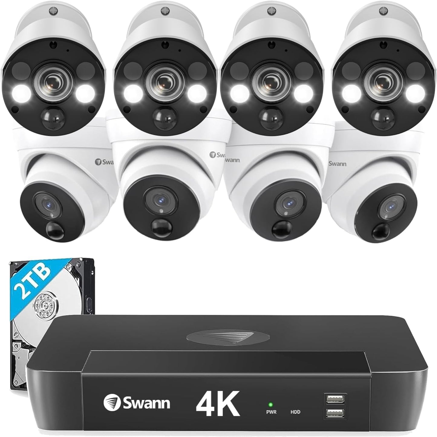 Swann Home Security Camera System with 2TB HDD, 16 Channel 16 Cam, POE Cat5e NVR 4K HD Video, Indoor/Outdoor Wired Surveillance CCTV, Color Night Vision, Heat Motion Detection, LED Lights, 1686816FB