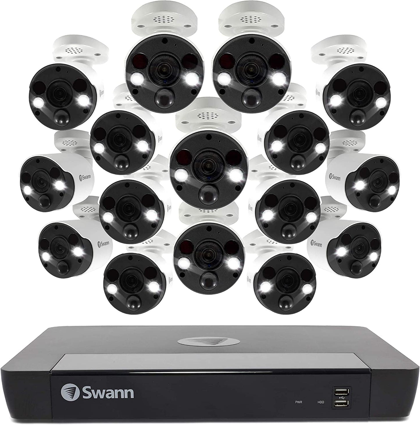 Swann Home Security Camera System with 2TB HDD, 16 Channel 16 Cam, POE Cat5e NVR 4K HD Video, Indoor/Outdoor Wired Surveillance CCTV, Color Night Vision, Heat Motion Detection, LED Lights, 1686816FB