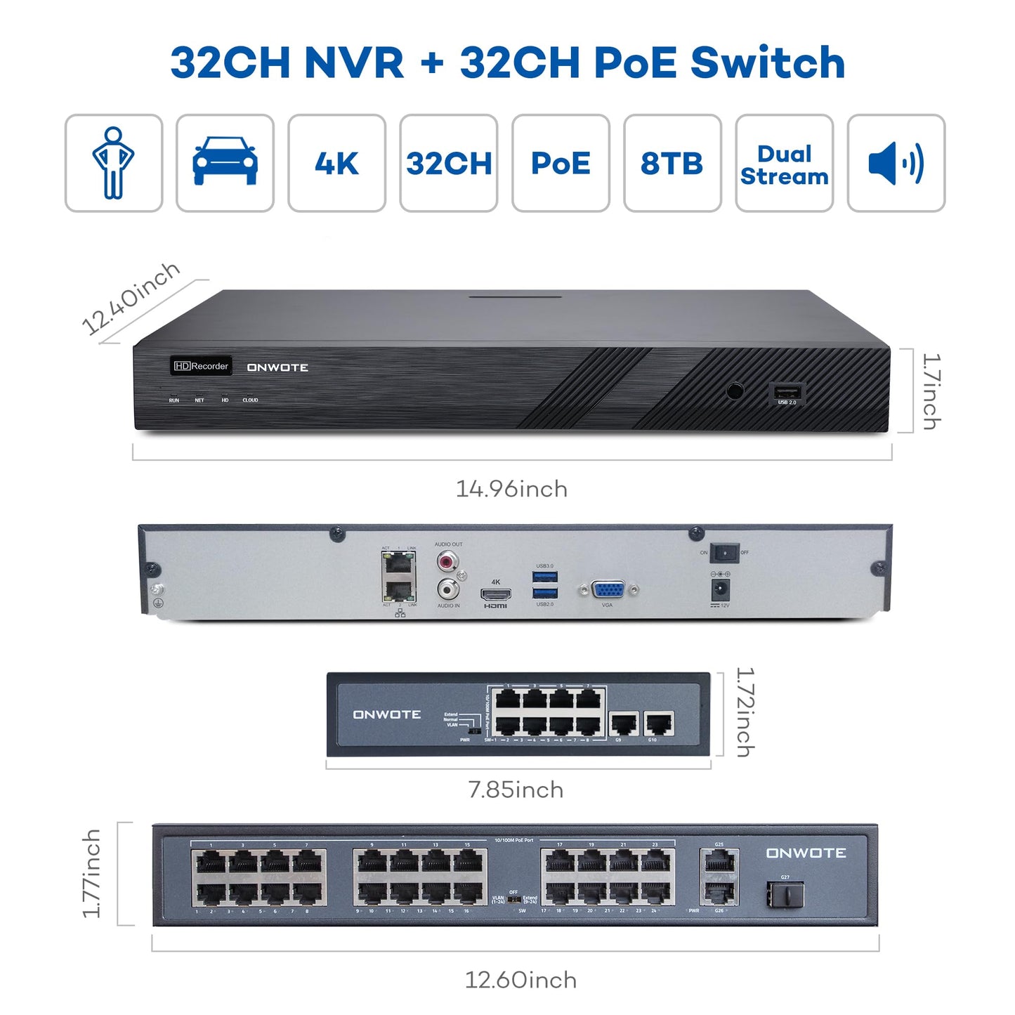 ONWOTE 32 Channel Security Camera System, 32CH 4K 8MP NVR 8TB, 32 Ports PoE Switch, 24x 6MP 122° Audio PoE IP Cameras, 24x Cables-150ft 100ft 60ft, AI Person Vehicle Detection, Business Surveillance