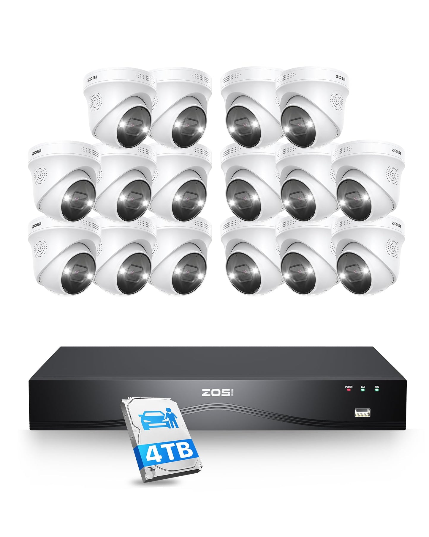 ZOSI 24CH 4K PoE Security Camera System with Face/Person/Vehicle Detection,16 Port 24CH 8MP NVR with 4TB HDD,2 Way Audio,Night Vision,16x 4K Outdoor IP Dome Cameras,Dual Disk-Backup for 24/7 Recording