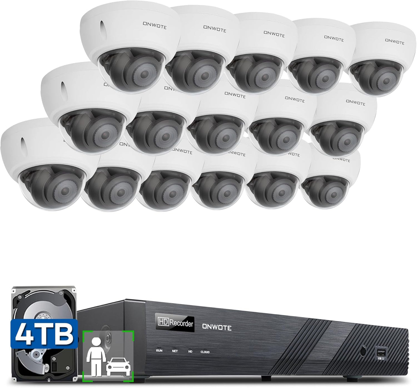 ONWOTE 4K 16 Channel NVR PoE Security Camera System 4TB HDD, IK10 Vandal Proof, 16x 4K 8MP Outdoor Commercial Wired IP Cameras 128° FOV, AI Human Vehicle Detection, CCTV Surveillance for Businesses