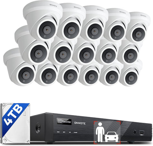 ONWOTE 16 Channel 4K PoE Security Camera System, AI Human Vehicle Detection, 128° Wide View Angle, (16) Outdoor Commercial 8MP IP Cameras with Audio, 16CH 4K NVR 4TB, CCTV Surveillance for Businesses