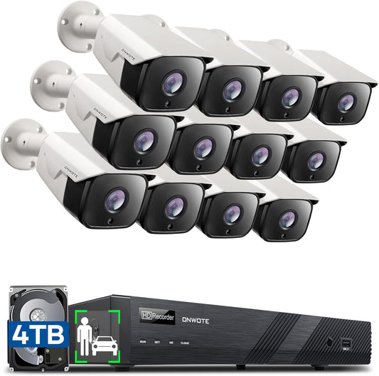 ONWOTE 16 Channel 4K NVR PoE Security Camera System, AI Human Vehicle Detection, (12) 6MP 122° Outdoor IP Bullet Cameras, 16CH 8MP NVR 4TB, 16CH Synchro Playback, Commercial CCTV for Businesses