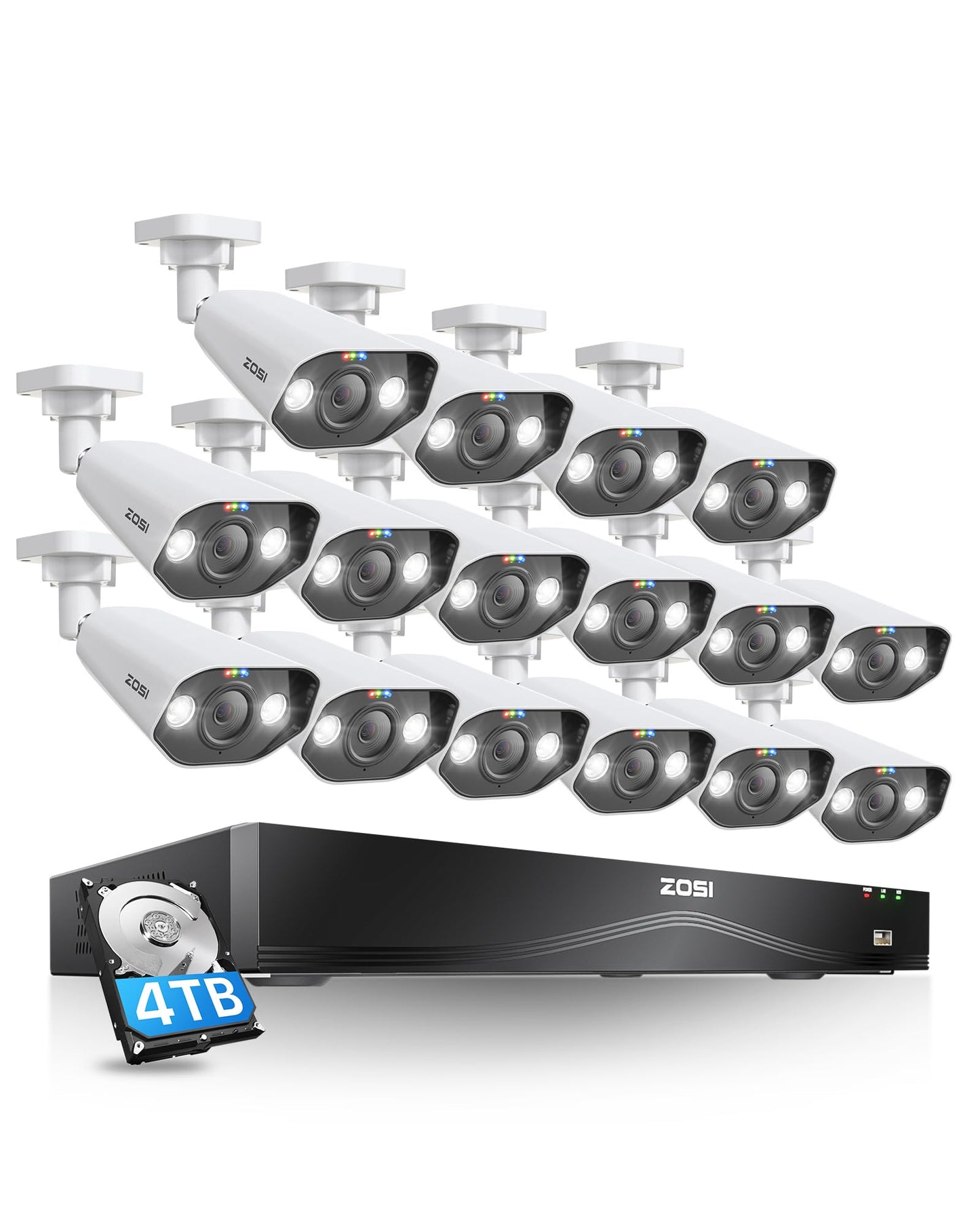 ZOSI 24CH 4K Security Camera System,16pcs 4K Outdoor PoE Cameras,Face/Person/Vehicle Detection,Spotlight Siren,2 Way Audio,Night Vision,16 Port 24CH 8MP Dual-Disk NVR with 4TB HDD for 24/7 Recording