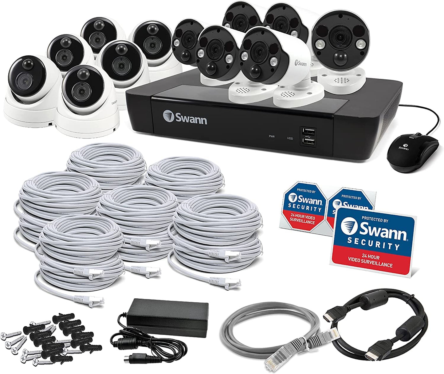 Swann Home Security Camera System with 2TB HDD, 16 Channel 16 Cam, POE Cat5e NVR 4K HD Video, Indoor/Outdoor Wired Surveillance CCTV, Color Night Vision, Heat Motion Detection, LED Lights, 1686816FB