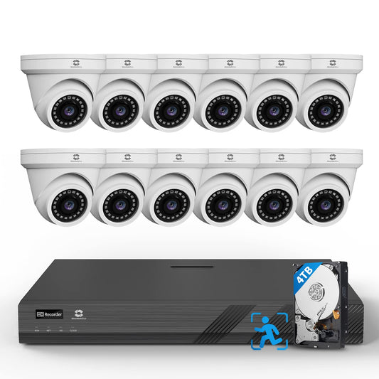 GWSECU 4K POE Security Camera System 16 Channel,4K 16CH NVR 4TB, 12PCS 8MP Security IP Dome Cameras,AI Person/Vehicle Detection, Built-in Mic, 2.8mm Lens,100Ft IR Nightvision,Outdoor IP67,G81612P4D01