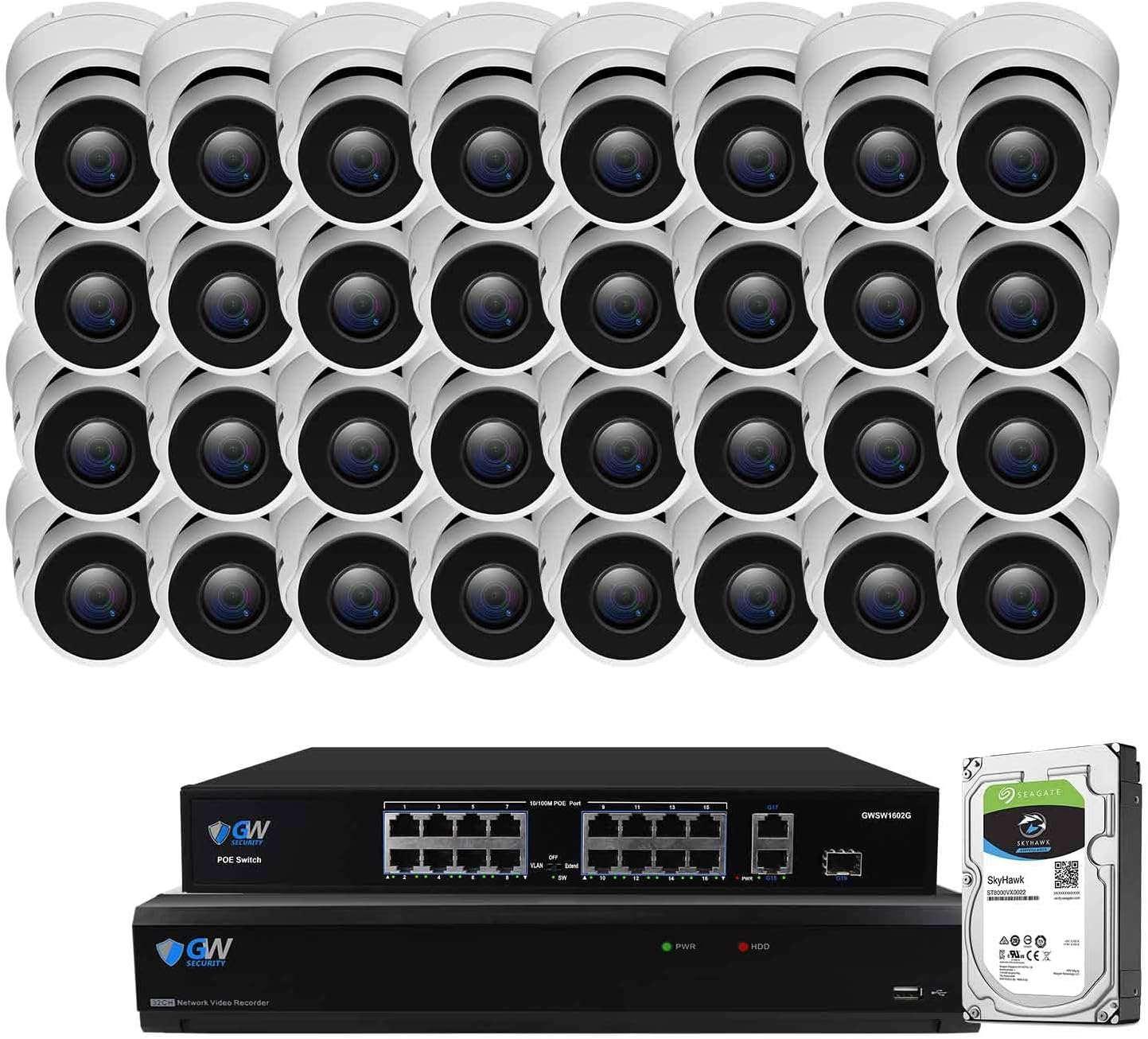 GW Security 32 Channel 12MP NVR 4K Smart AI Security Camera System with 32 x 4K (8MP) IP PoE Microphone Dome Camera, 100ft Night Vision, Face/Human/Vehicle Detection Waterproof Surveillance Camera