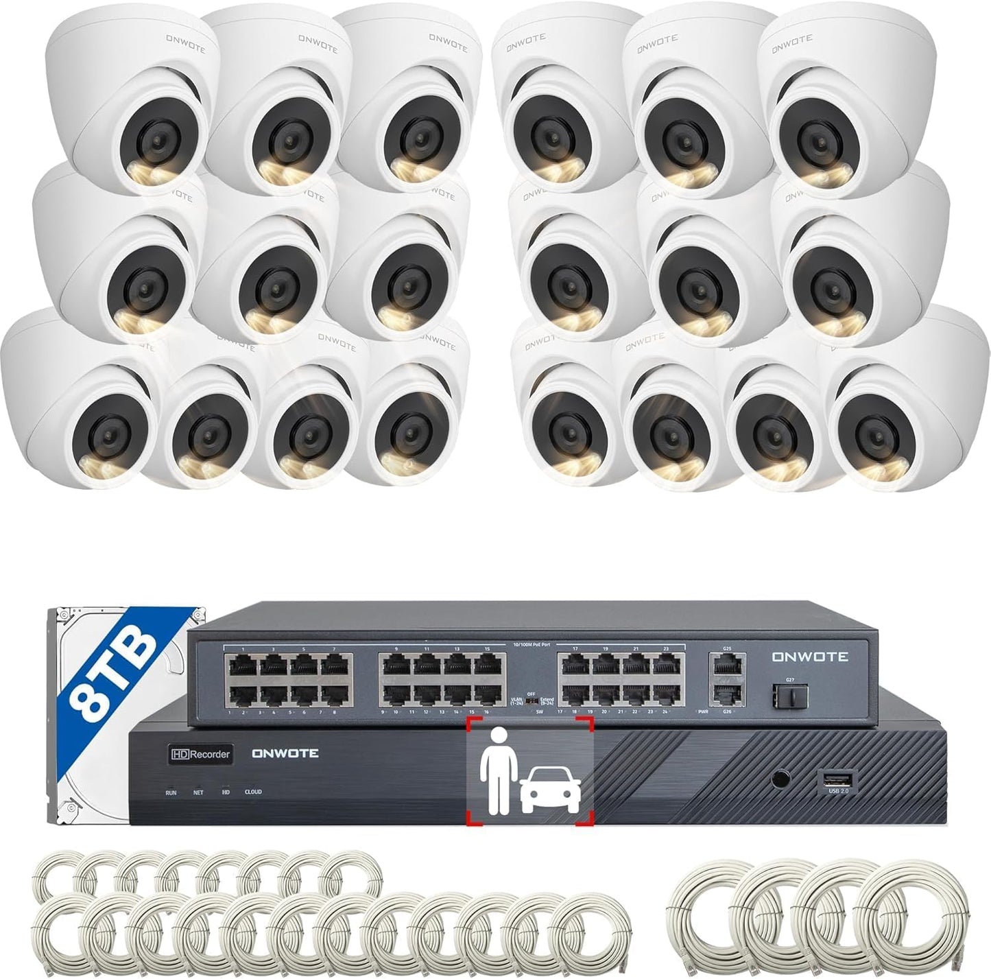 ONWOTE 32 Channel 4K NVR PoE Security Camera System, AI Human Vehicle Detection Trigger Spotlights & Color Night Vision, 32CH 4K 8MP NVR 8TB HDD, 20x 6MP 110° PoE IP Cameras, Business Surveillance