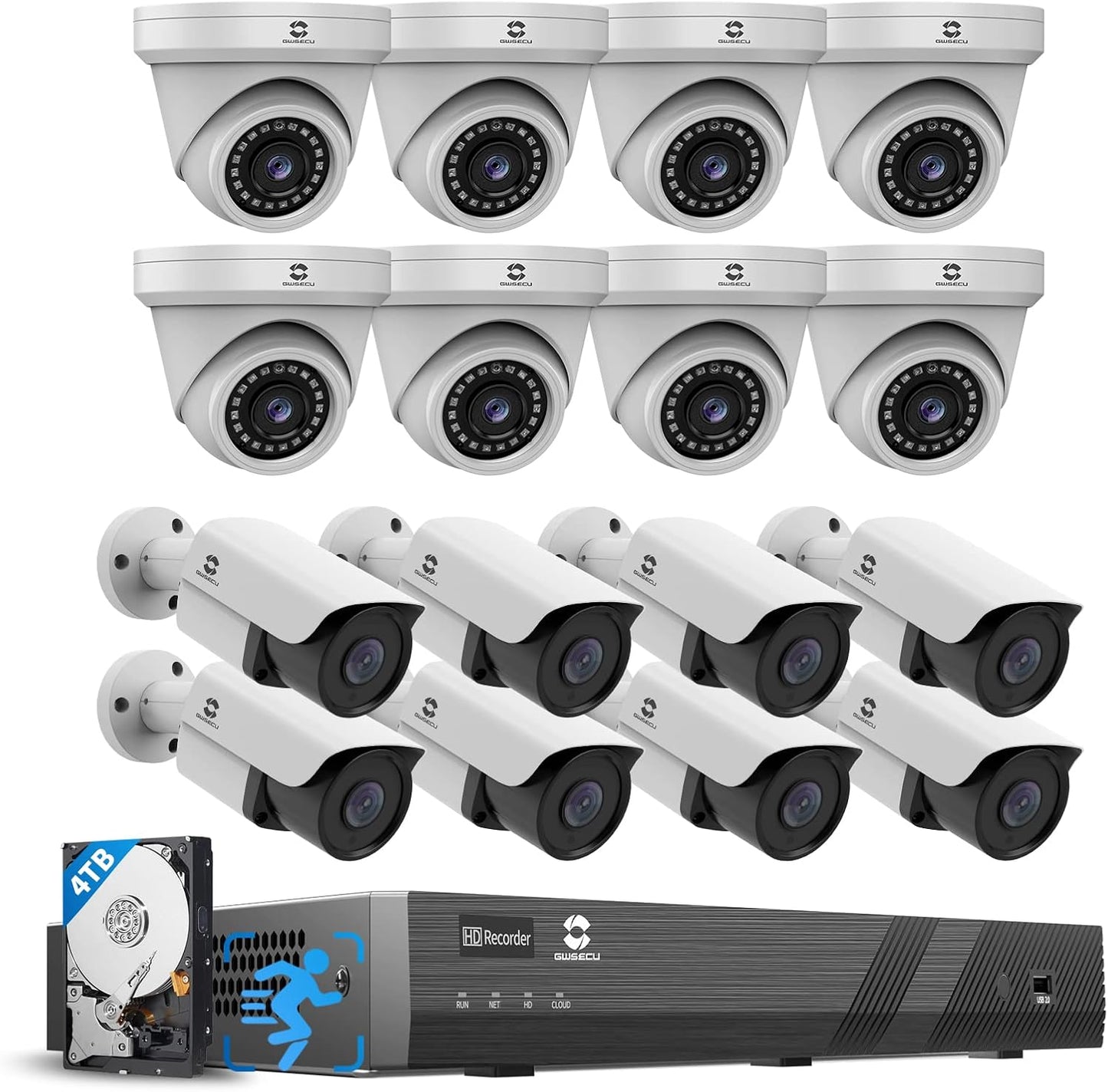 GWSECU 16 Camera Security System Commercial, (16) 5MP Wired PoE Cameras Outdoor/Indoor Built-in Mic, 2.8mm Lens, AI Human Detection,100ft IR Night Vision, 4K 16 Channel NVR with 4TB HDD, G51616P4M01