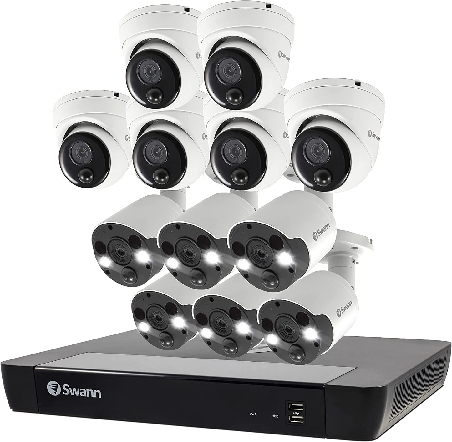 Swann Home Security Camera System with 2TB HDD, 16 Channel 16 Cam, POE Cat5e NVR 4K HD Video, Indoor/Outdoor Wired Surveillance CCTV, Color Night Vision, Heat Motion Detection, LED Lights, 1686816FB