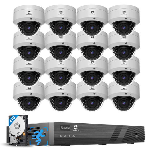 GWSECU 16 Camera Security Systems PoE, 4K 16CH H.265 NVR with 4TB HDD, AI Human Vehicle Detection, 16x 4K Wired Commercial IP66 IK10 Vandal Dome Microphone IP Cameras 2.8mm Lens, G81616VD54