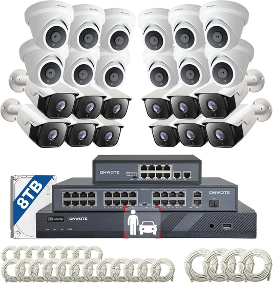 ONWOTE 32 Channel Security Camera System 4K, 24x 8MP Outdoor 128° PoE IP Cameras with Audio, AI Person Vehicle Detection, 32CH 4K NVR 8TB, 32 Ports Switch, 24 Cables-150ft 100ft 60ft, Commercial CCTV