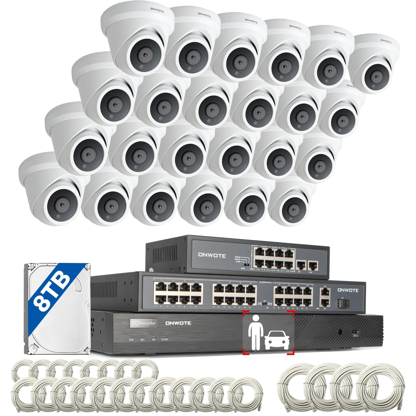 ONWOTE 32 Channel Security Camera System, 32CH 4K 8MP NVR 8TB, 32 Ports PoE Switch, 24x 6MP 122° Outdoor Audio PoE IP Cameras, 24x Cables-150ft 100ft 60ft, AI Person Vehicle Detection Commercial CCTV