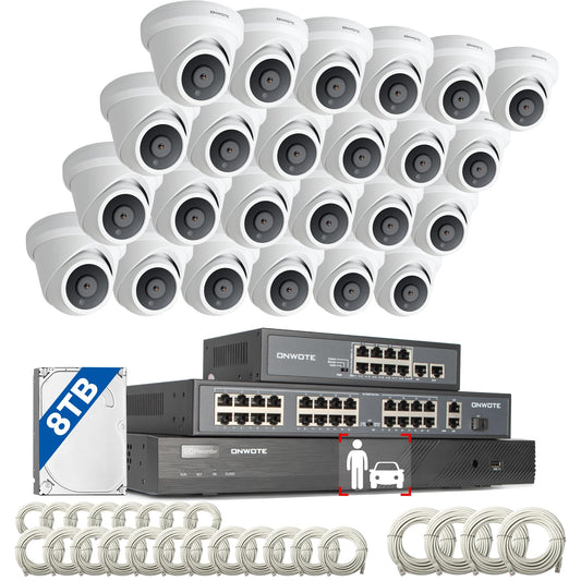 ONWOTE 32 Channel Security Camera System, 32CH 4K 8MP NVR 8TB, 32 Ports PoE Switch, 24x 6MP 122° Outdoor Audio PoE IP Cameras, 24x Cables-150ft 100ft 60ft, AI Person Vehicle Detection Commercial CCTV