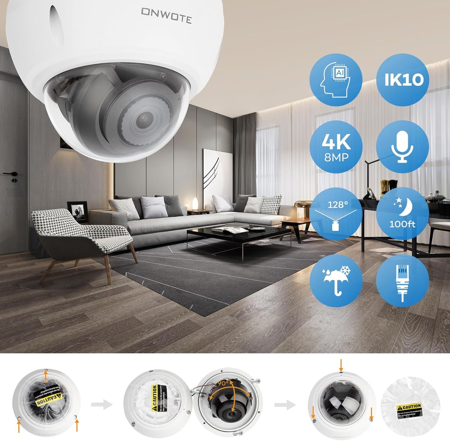 ONWOTE 32 Channel 4K Security Camera System, IK08 Vandal Proof Dome, 20x 4K 8MP Outdoor Indoor 128° PoE IP Cameras with Audio, 20x Cables-150ft 100ft 60ft, 32CH 4K NVR 8TB for Business Surveillance