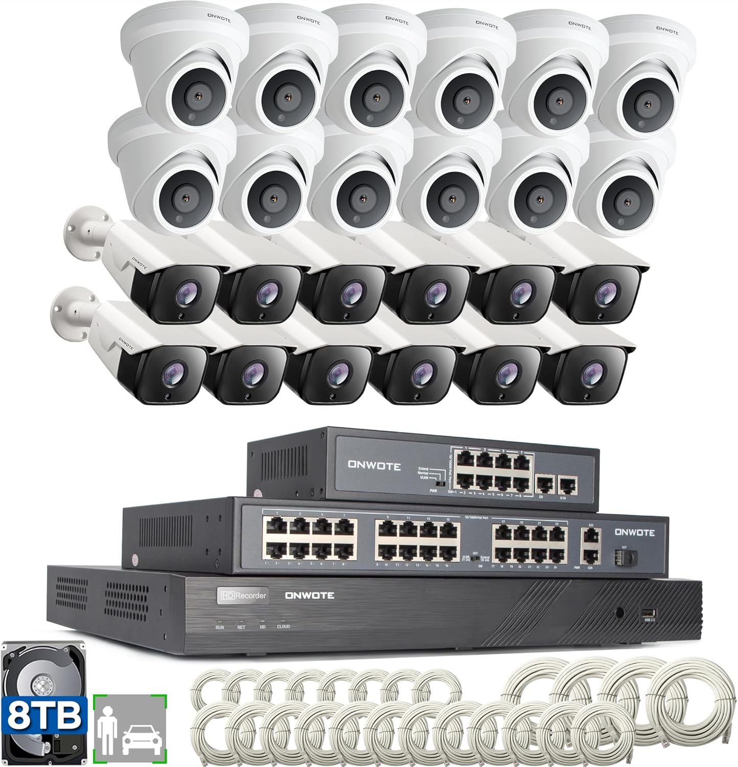 ONWOTE 4K 32 Channel Security Camera System PoE, 24x 6MP Outdoor 122° Business PoE IP Cameras Audio, AI Person Vehicle Detection, 32CH 4K NVR 8TB, 32 Ports Switch, 24 Ethernet Cables-150ft 100ft 60ft