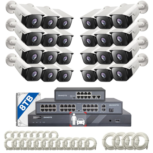 ONWOTE 32 Channel Security Camera System, 32CH 4K 8MP NVR 8TB, 32 Ports PoE Switch, 24x 6MP 122° Audio PoE IP Cameras, 24x Cables-150ft 100ft 60ft, AI Person Vehicle Detection, Business Surveillance