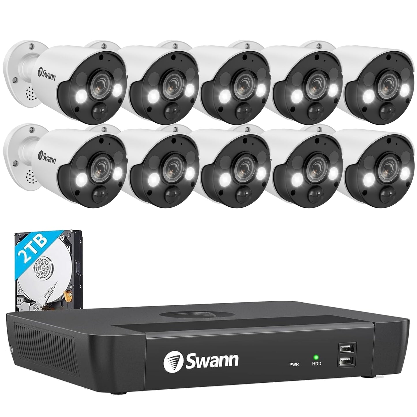 Swann Home Security Camera System with 2TB HDD, 16 Channel 16 Cam, POE Cat5e NVR 4K HD Video, Indoor/Outdoor Wired Surveillance CCTV, Color Night Vision, Heat Motion Detection, LED Lights, 1686816FB